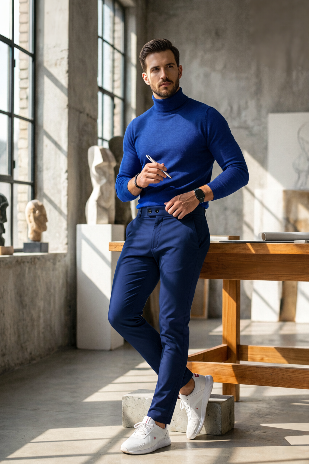 Men’s Premium Blue Double Button Slim Fit Pants – Stylish Casual & Formal Wear